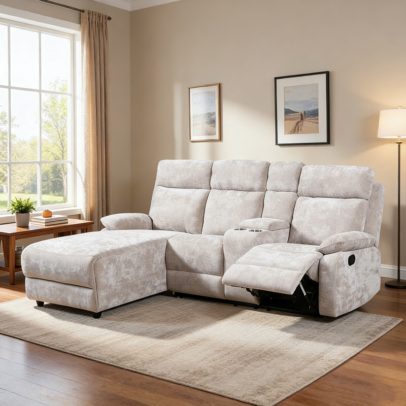 Chenille schäslongsoffa med ottoman